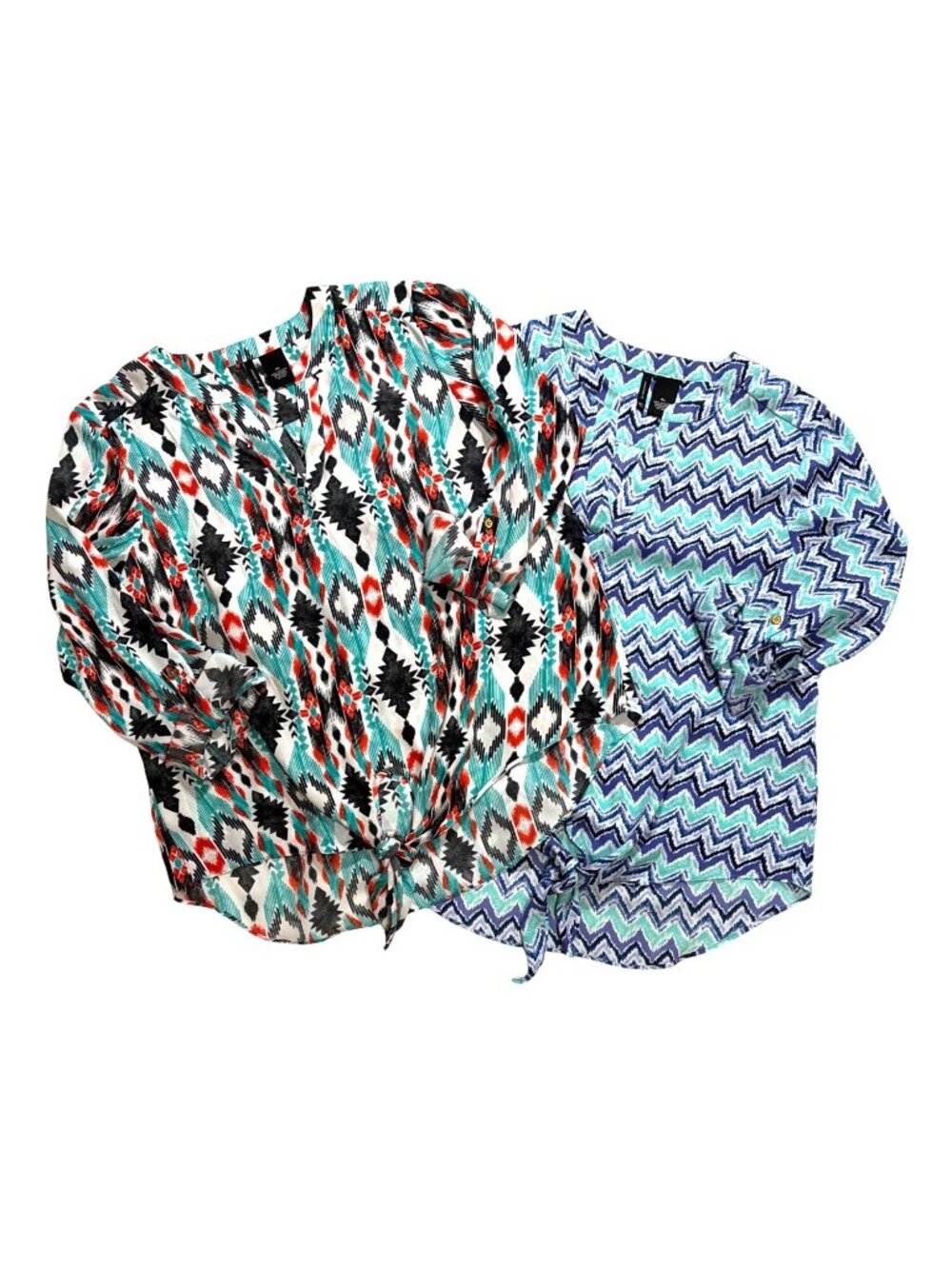 Lot 2 XL Womens‎ Tie-Front Blouses Chevron & Tribal Prints Lightweight Vibrant